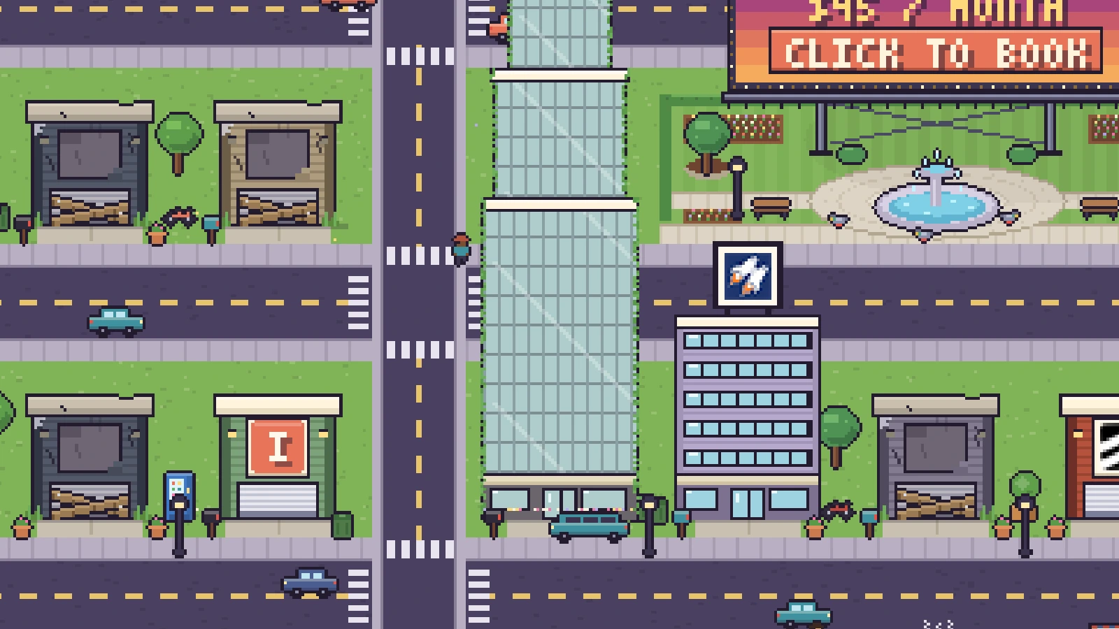 A street in $100K MRR Town: a glass skyscraper and a five-storey office with startup logos on their signs, next to garages that are still boarded up and free