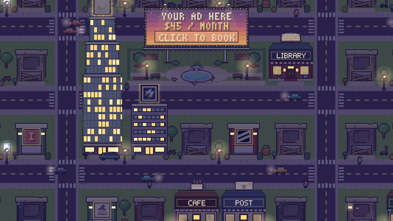 The town at night: office windows lit up, street lamps glowing, the library, café and post office open, and a sunset billboard over the plaza